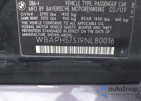 2009 BMW 328I из США, поврежденный, VIN WBAPH57519NL80016